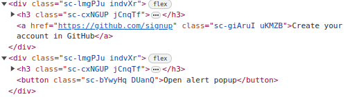 Code example: Correct HTML examples using an anchor for a link and a button that opens a popup