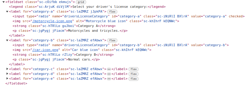 Code example: Radio (input) used correctly with some options to select